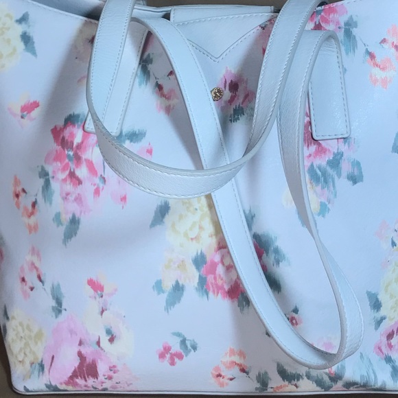 LC Lauren Conrad White Pink Floral Large Vegan Leather Tote Bag NWOT - Picture 4 of 15